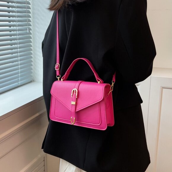 Hot Pink Casual Women's Minimalist Buckle Decor Flap Square Bag - Picture 2 of 5